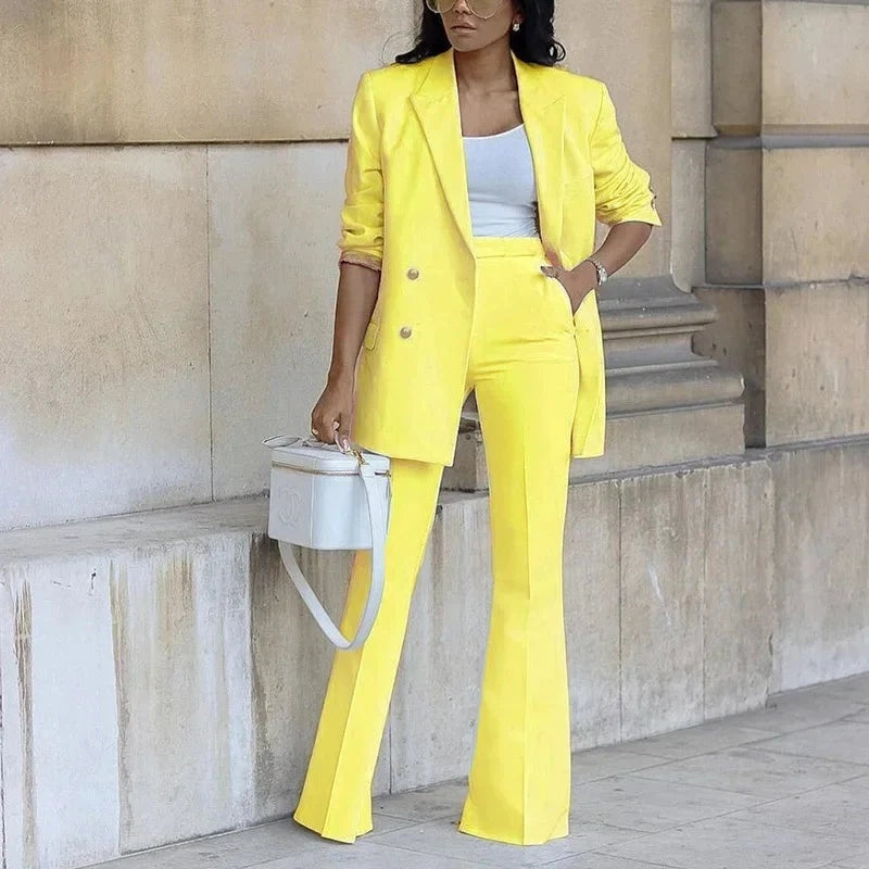 Conjunto Blazer Largo de Botones Mujer Pantalones Acampanados