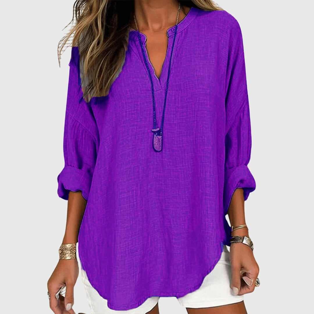 Blusa de Escote V de Manga Larga y Corte Holgado