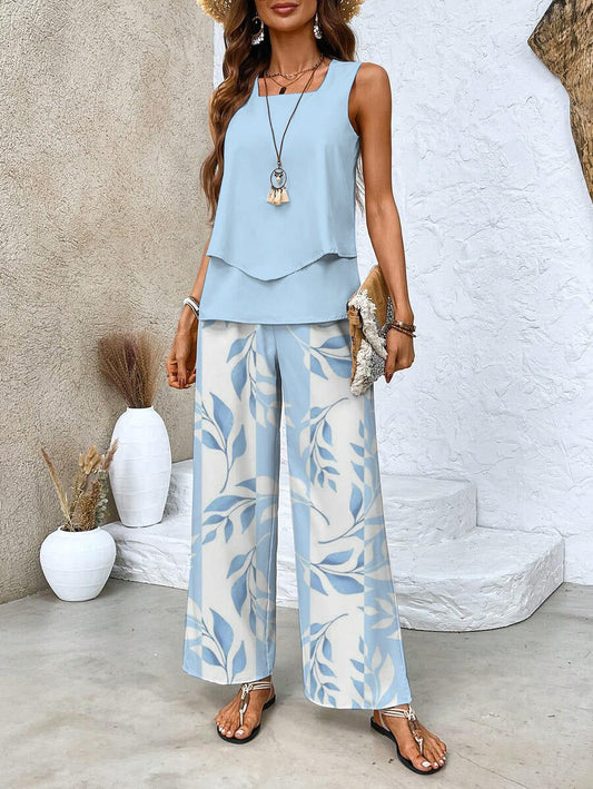 Conjunto Elegante de Dos Piezas con Blusa Fluida y Pantalón Amplio