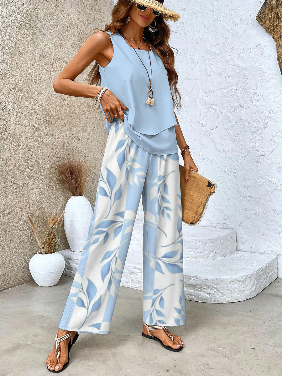 Conjunto Elegante de Dos Piezas con Blusa Fluida y Pantalón Amplio