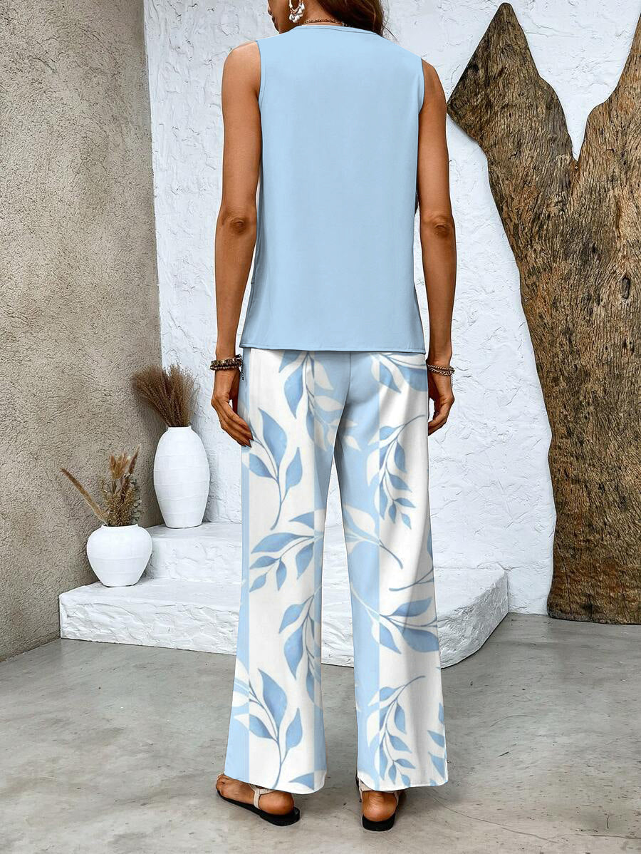 Conjunto Elegante de Dos Piezas con Blusa Fluida y Pantalón Amplio