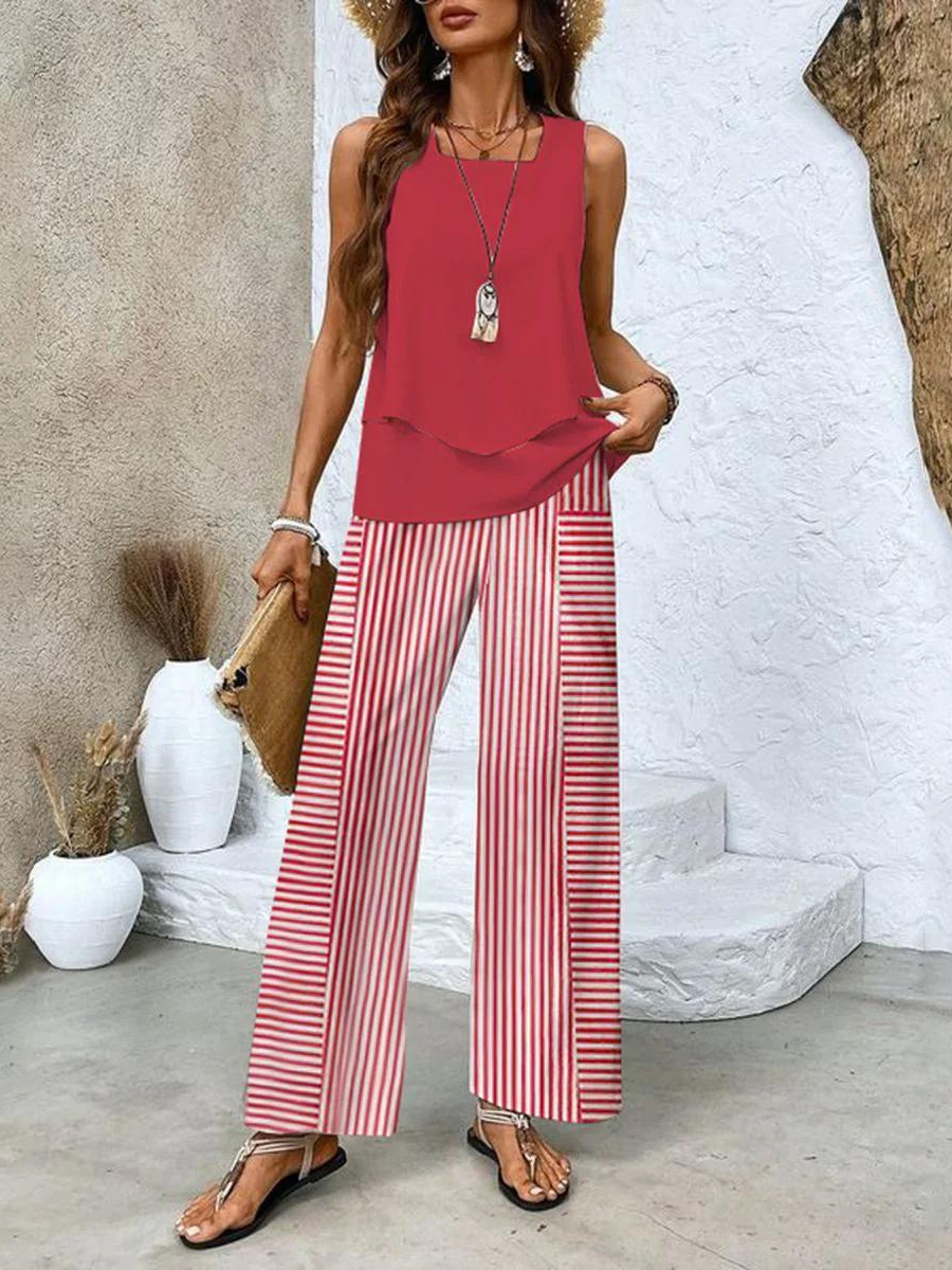 Conjunto Elegante de Dos Piezas con Blusa Fluida y Pantalón Amplio