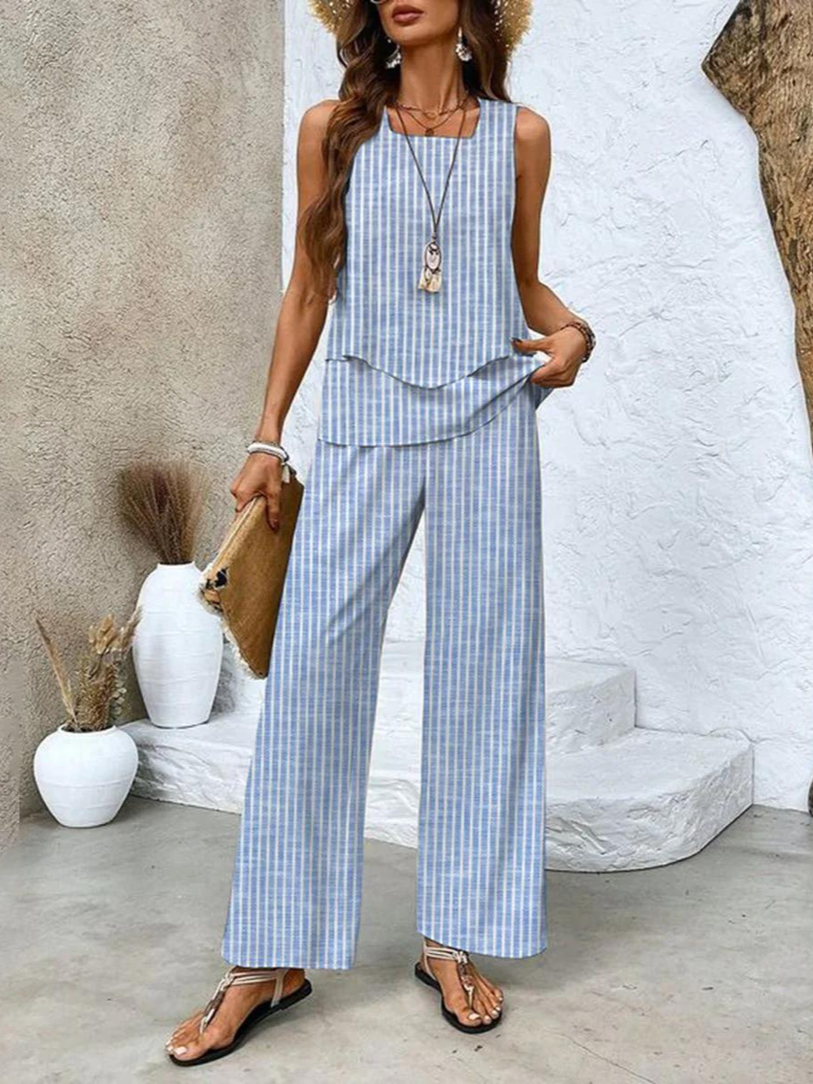 Conjunto Elegante de Dos Piezas con Blusa Fluida y Pantalón Amplio