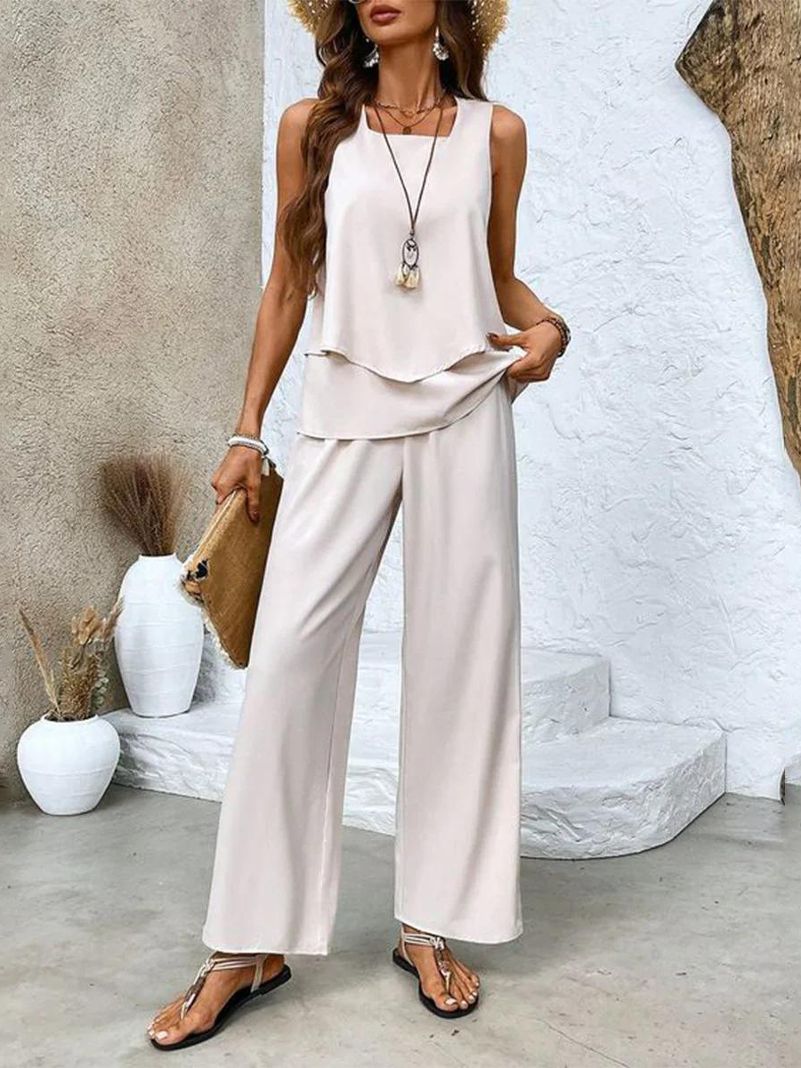 Conjunto Elegante de Dos Piezas con Blusa Fluida y Pantalón Amplio