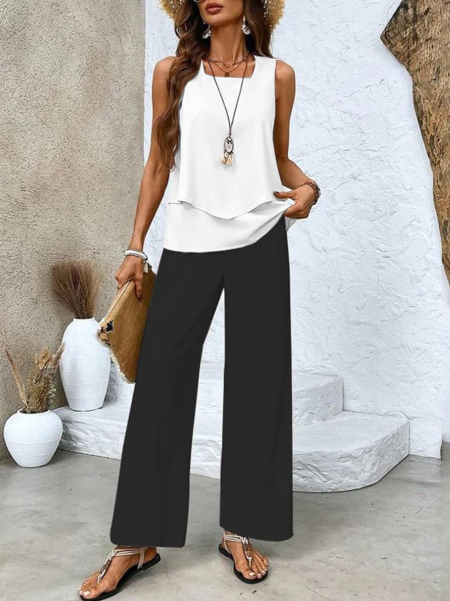 Conjunto Elegante de Dos Piezas con Blusa Fluida y Pantalón Amplio