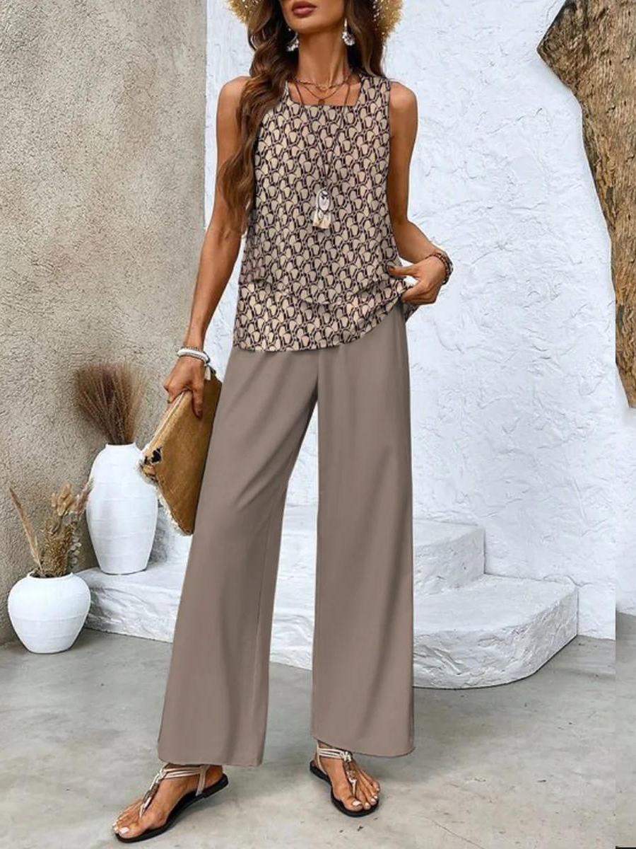 Conjunto Elegante de Dos Piezas con Blusa Fluida y Pantalón Amplio