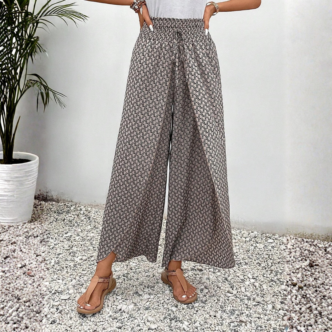Pantalones Fluidos Mujer con Estampado Geométrico Gris Pernera