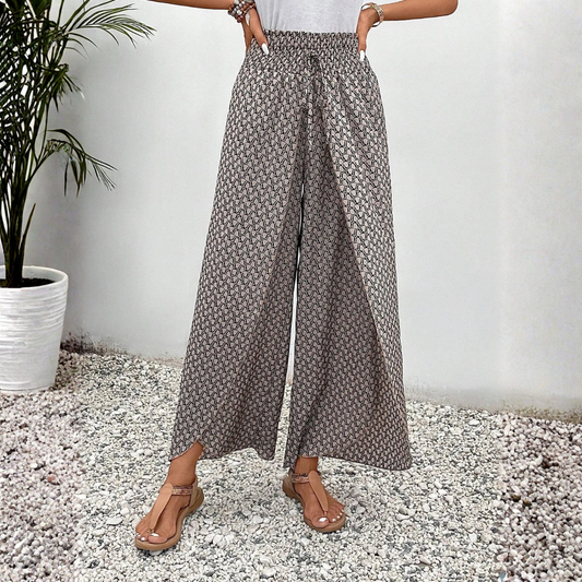 Pantalones Fluidos Mujer con Estampado Geométrico Gris Pernera