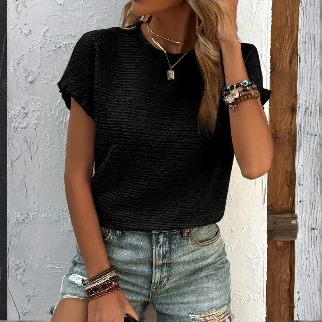 Camiseta Básica Manga Corta Volantes Cuello Redondo Textura Lisa