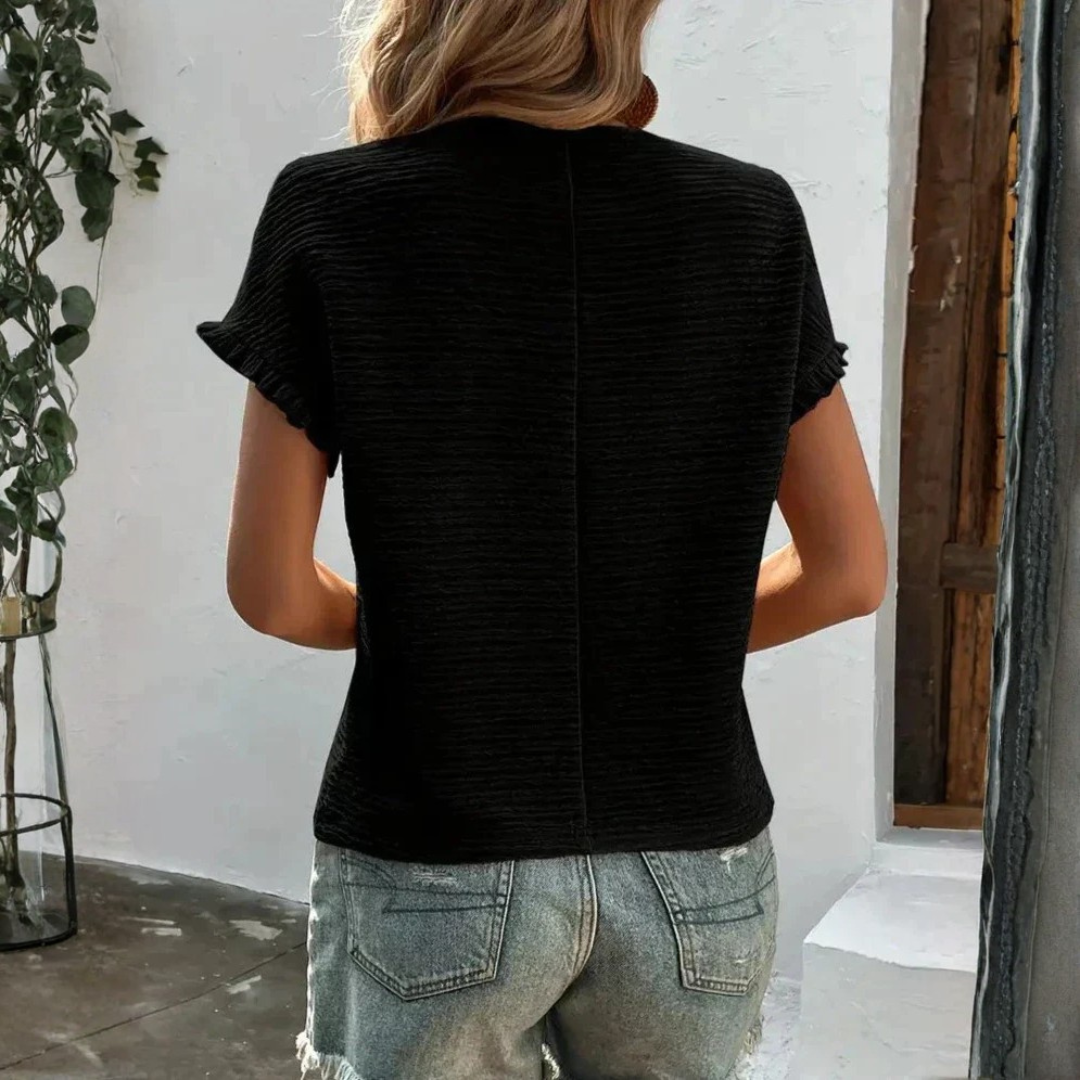 Camiseta Básica Manga Corta Volantes Cuello Redondo Textura Lisa
