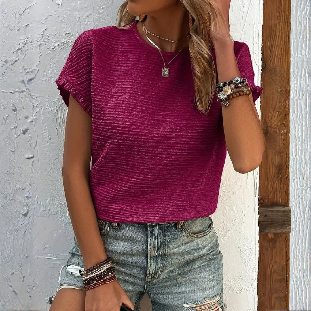 Camiseta Básica Manga Corta Volantes Cuello Redondo Textura Lisa