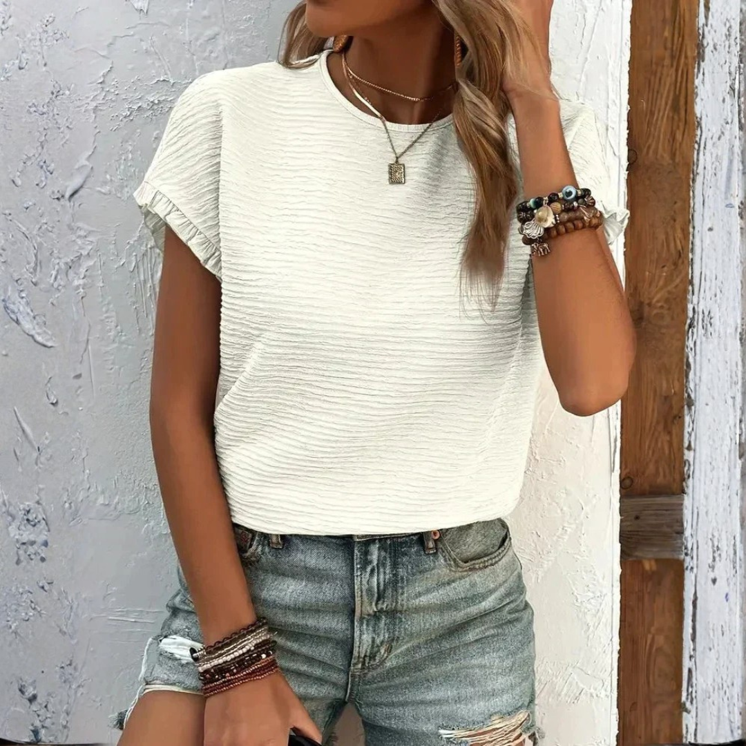 Camiseta Básica Manga Corta Volantes Cuello Redondo Textura Lisa