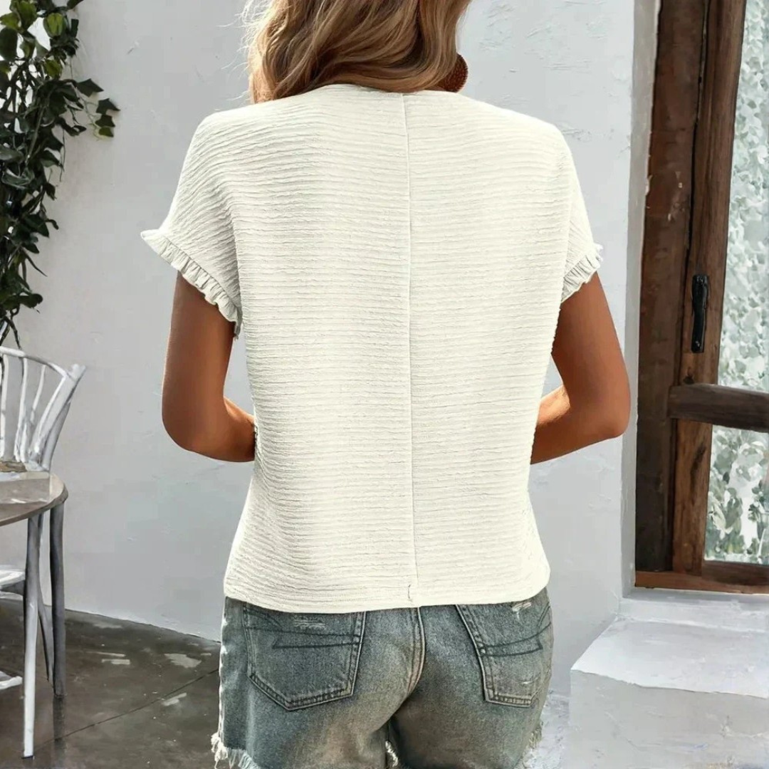 Camiseta Básica Manga Corta Volantes Cuello Redondo Textura Lisa