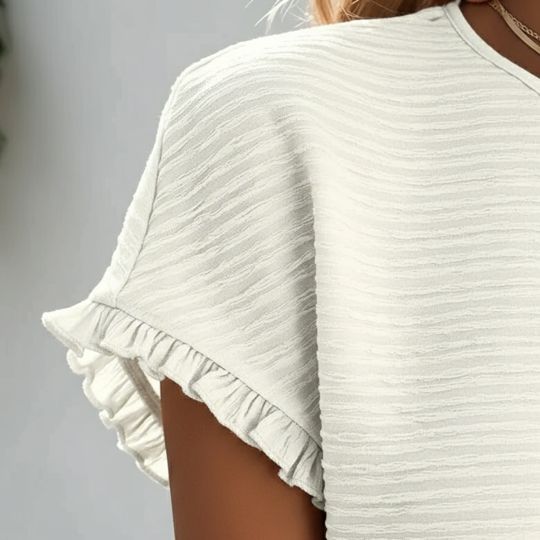 Camiseta Básica Manga Corta Volantes Cuello Redondo Textura Lisa