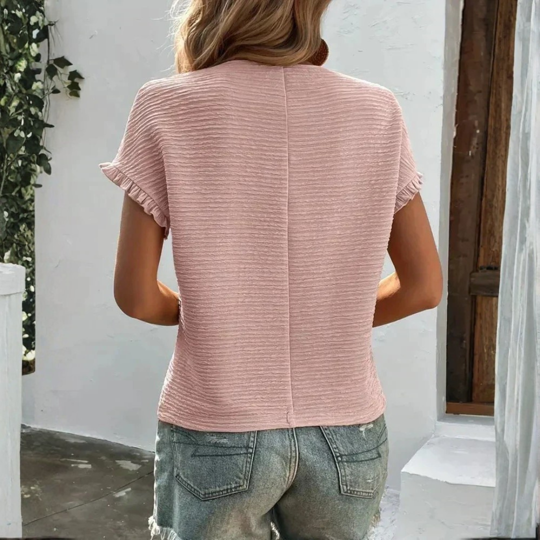 Camiseta Básica Manga Corta Volantes Cuello Redondo Textura Lisa