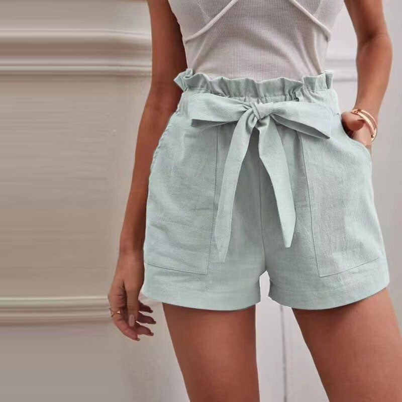 Bermudas Mujer de Lino con Cintura Alta y Lazo