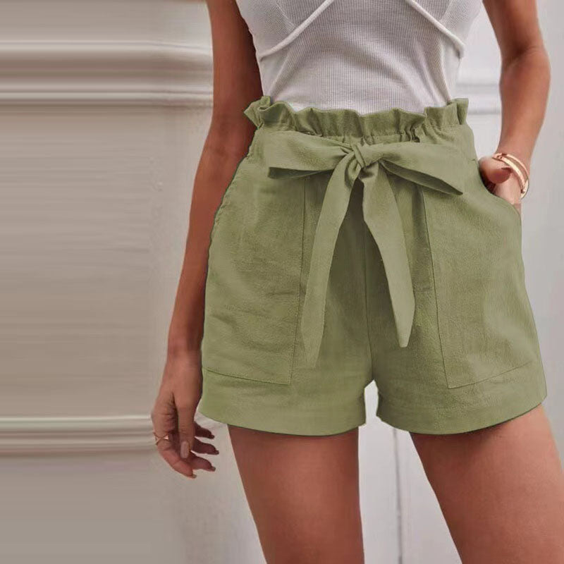 Bermudas Mujer de Lino con Cintura Alta y Lazo
