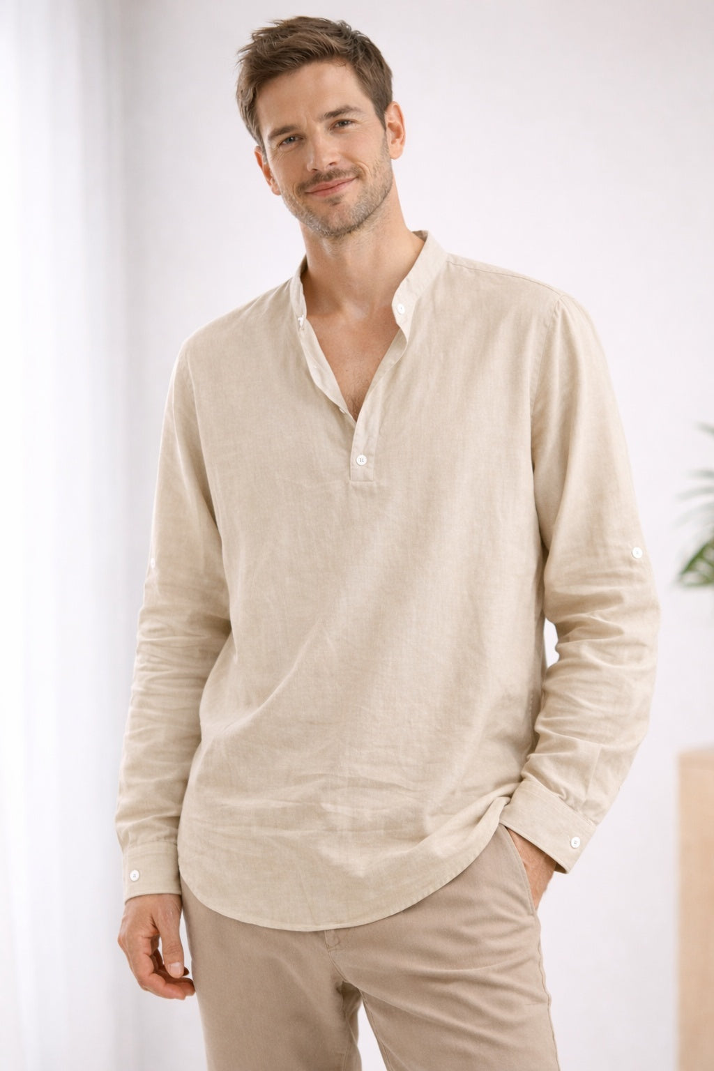 Camisa Henley de Manga Larga Hombre Cuello Banda