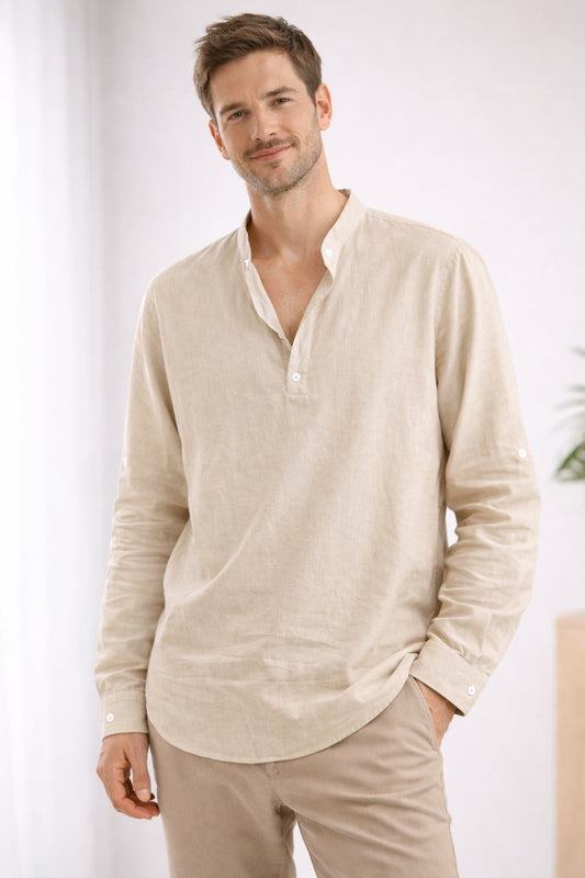 Camisa Henley de Manga Larga Hombre Cuello Banda