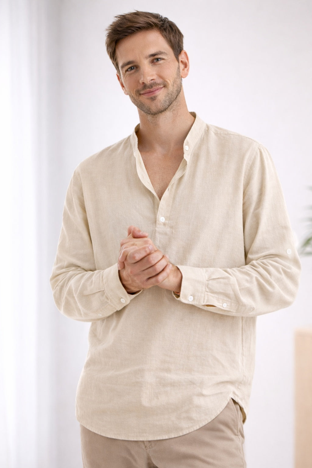 Camisa Henley de Manga Larga Hombre Cuello Banda