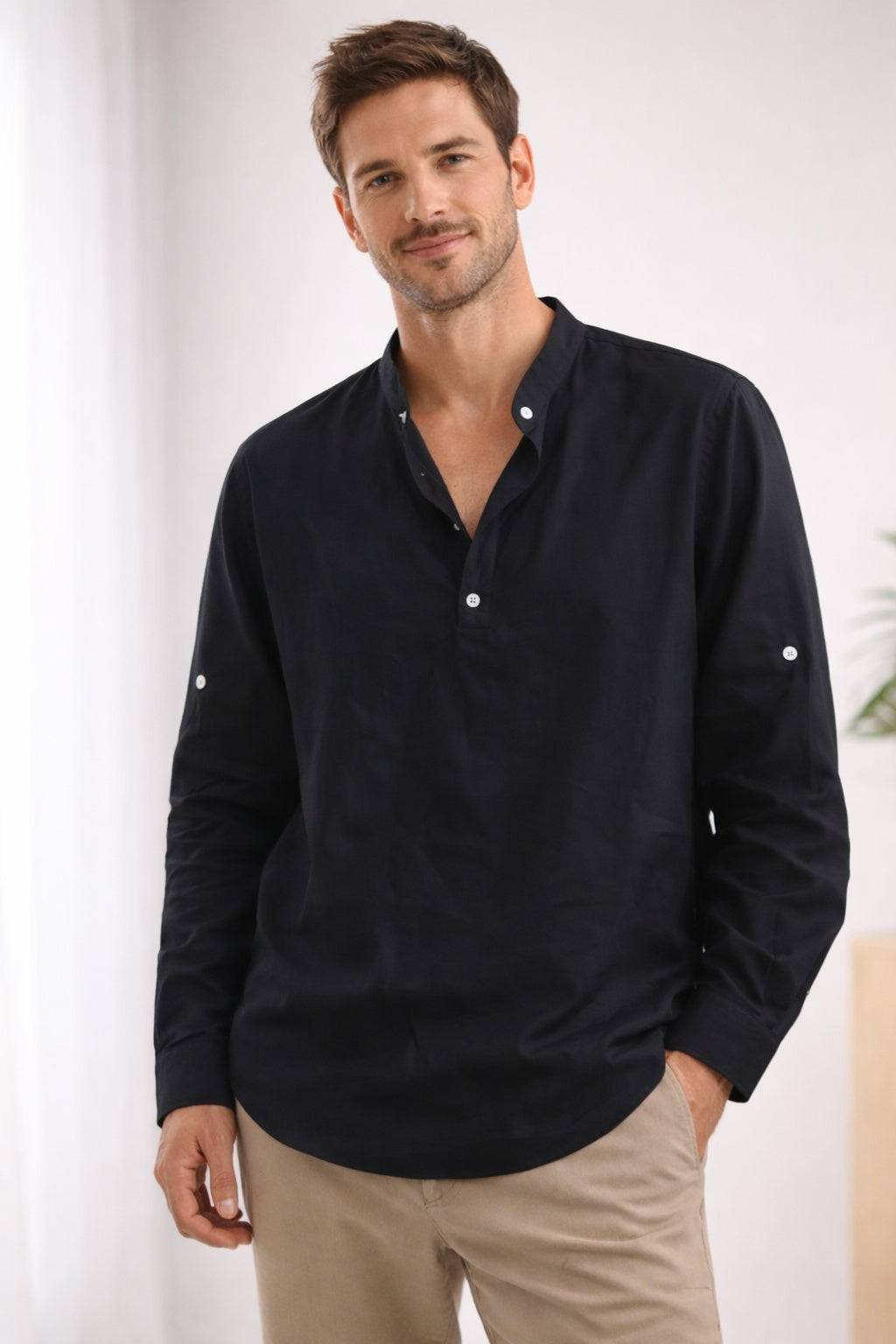 Camisa Henley de Manga Larga Hombre Cuello Banda