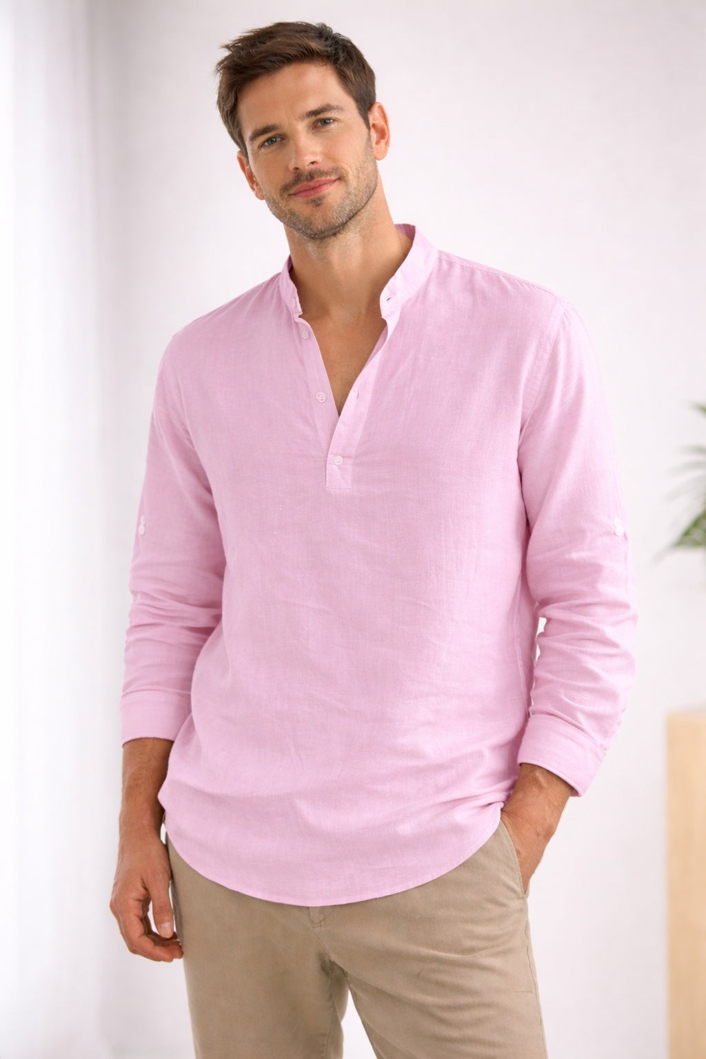 Camisa Henley de Manga Larga Hombre Cuello Banda
