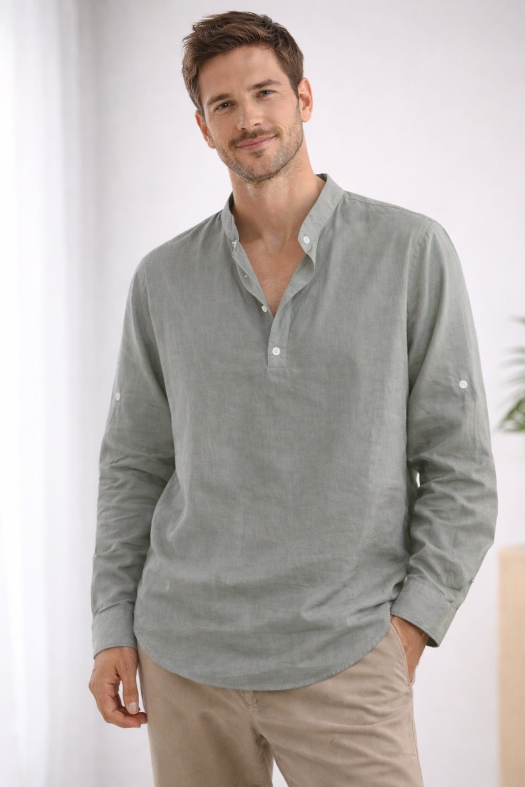 Camisa Henley de Manga Larga Hombre Cuello Banda
