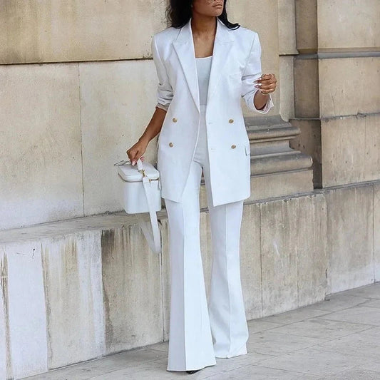 Conjunto Blazer Largo de Botones Mujer Pantalones Acampanados