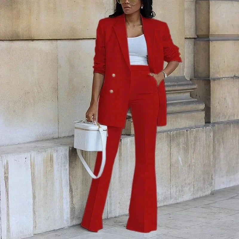 Conjunto Blazer Largo de Botones Mujer Pantalones Acampanados