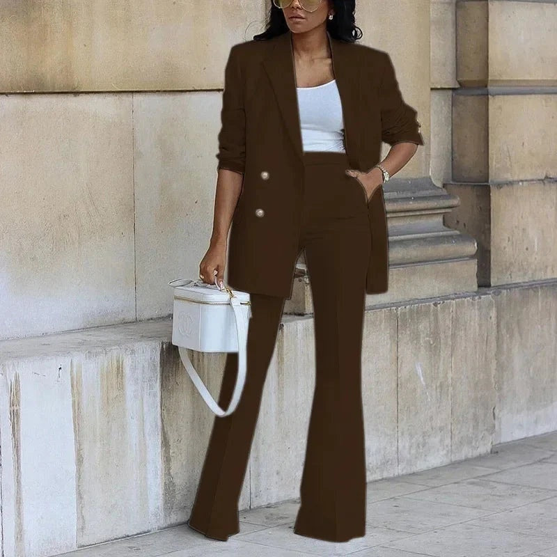 Conjunto Blazer Largo de Botones Mujer Pantalones Acampanados