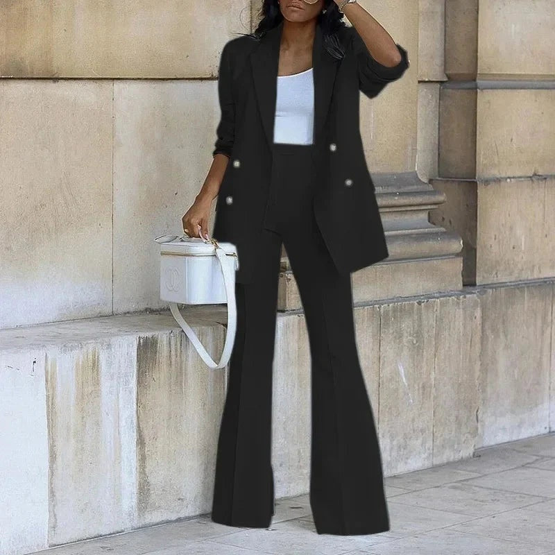 Conjunto Blazer Largo de Botones Mujer Pantalones Acampanados