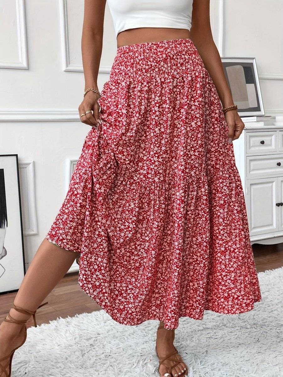 Falda Larga  con Estampado Floral y Vuelo Ligero