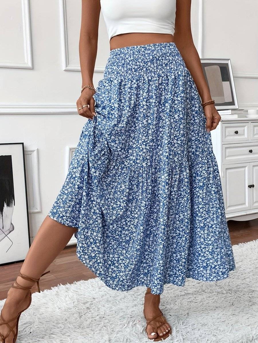 Falda Larga  con Estampado Floral y Vuelo Ligero