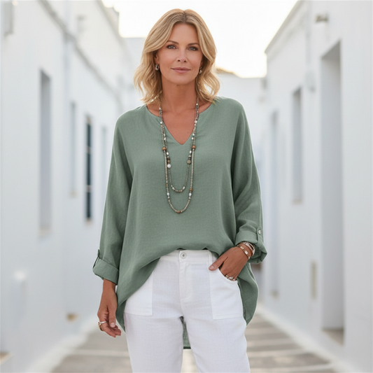 Camisa de Lino con Botones y Corte Largo
