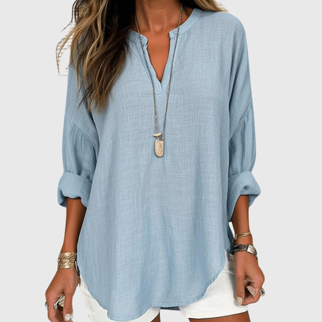 Blusa de Escote V de Manga Larga y Corte Holgado