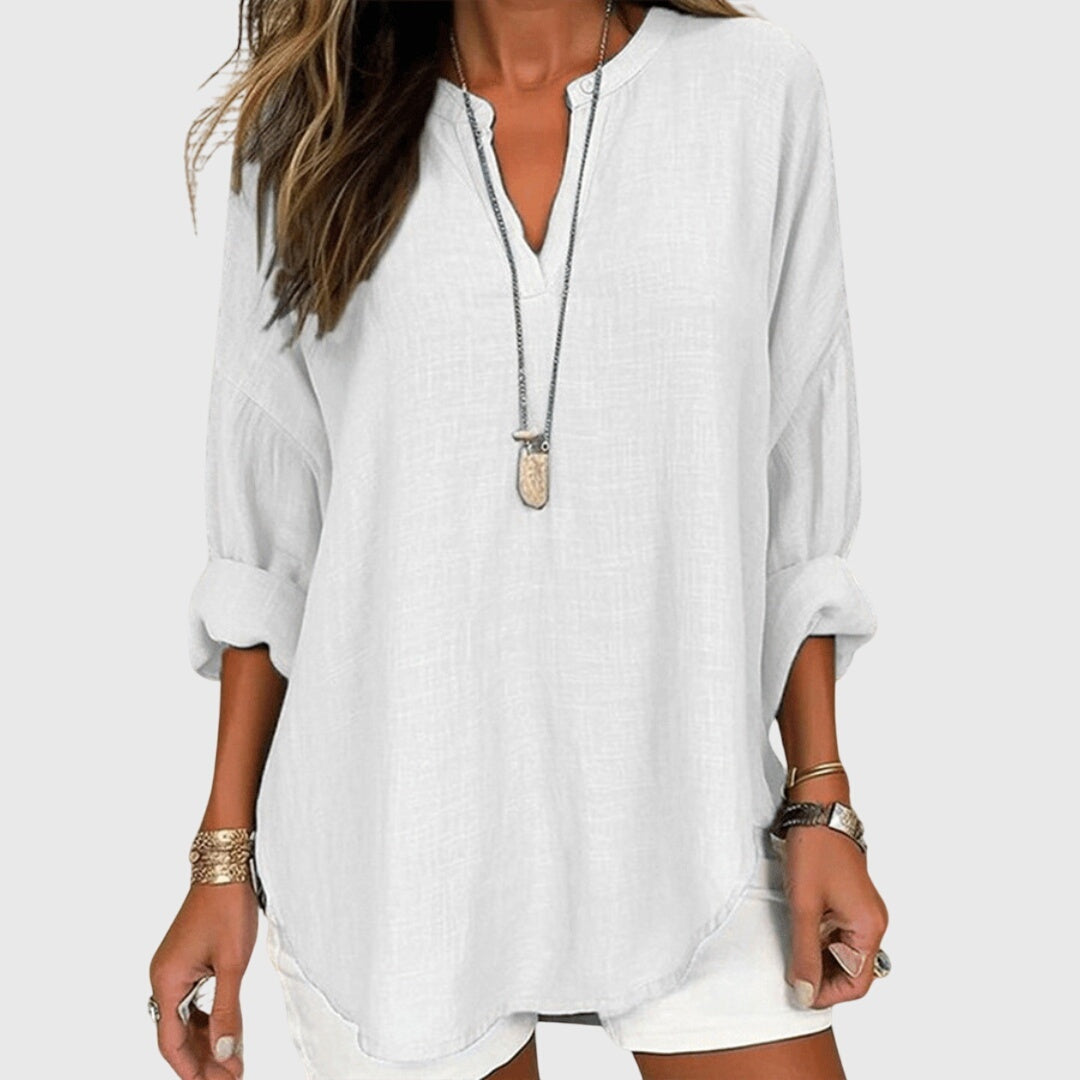 Blusa de Escote V de Manga Larga y Corte Holgado