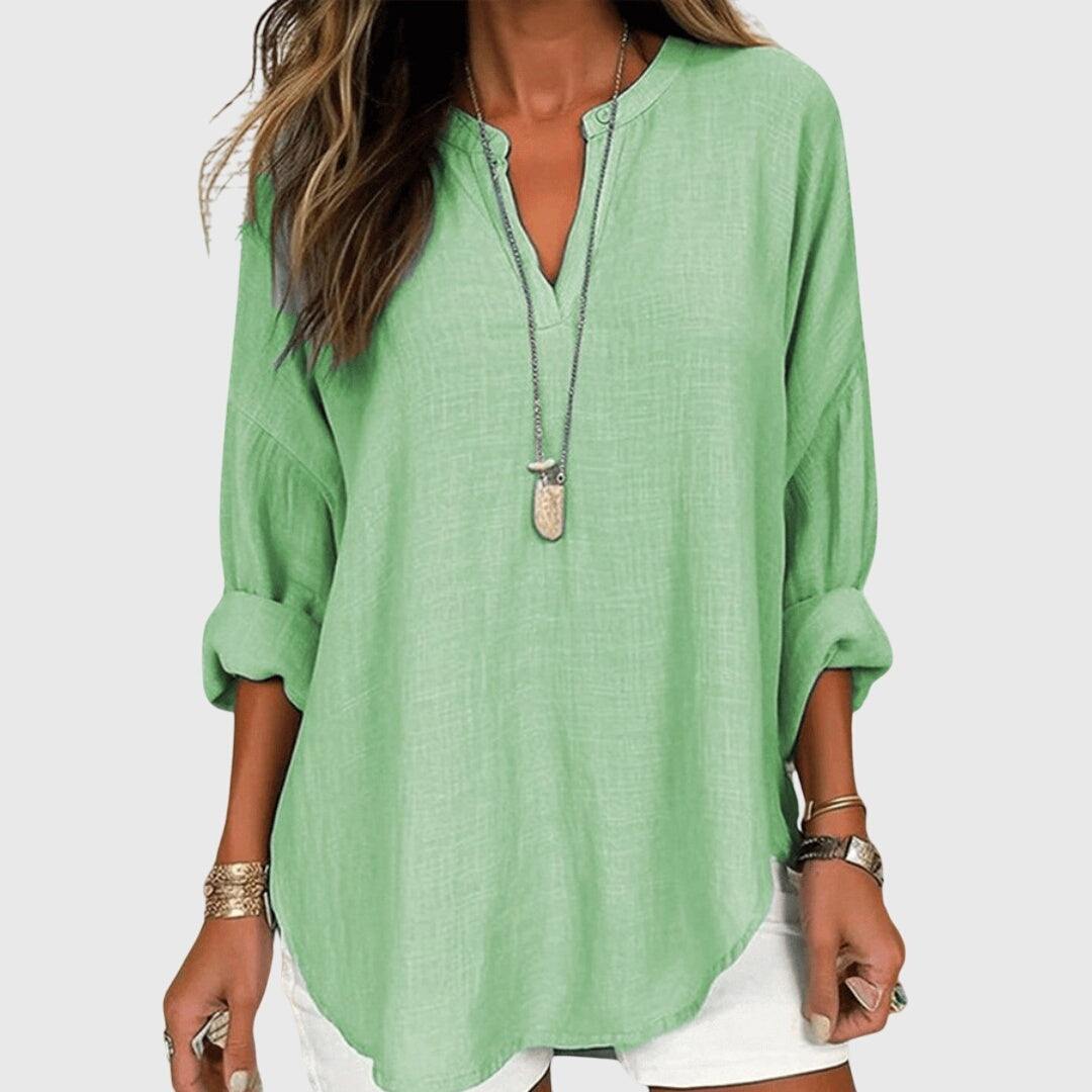 Blusa de Escote V de Manga Larga y Corte Holgado