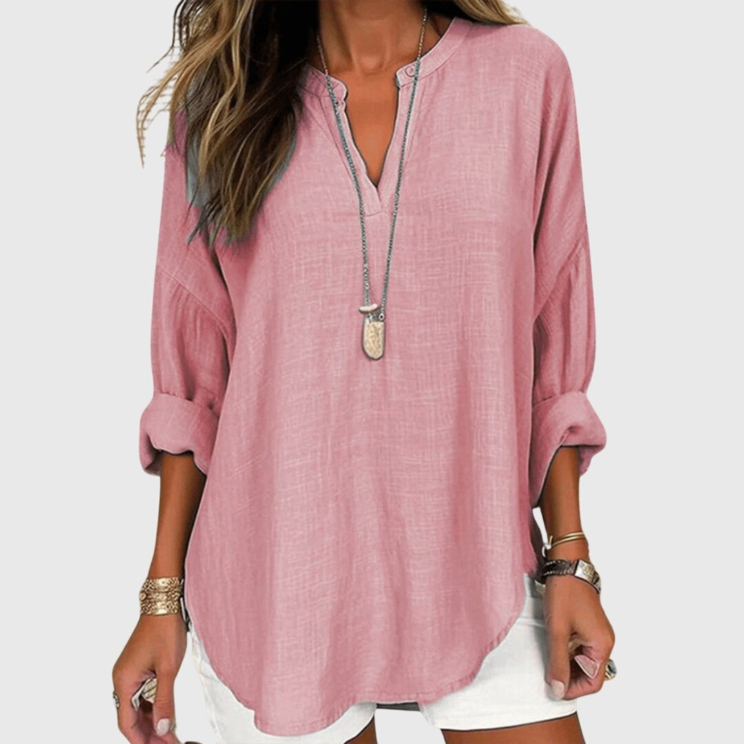 Blusa de Escote V de Manga Larga y Corte Holgado