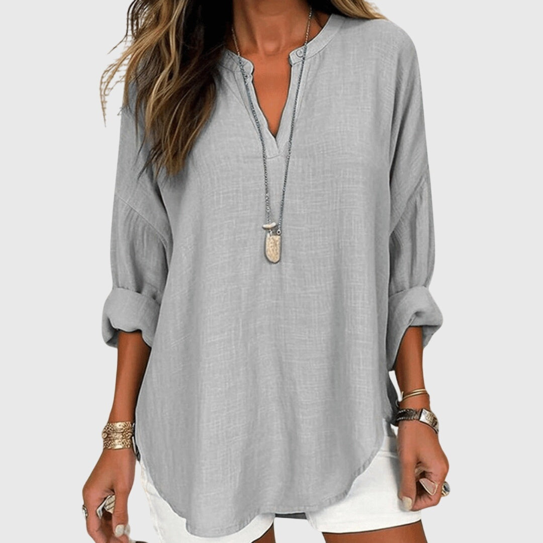 Blusa de Escote V de Manga Larga y Corte Holgado