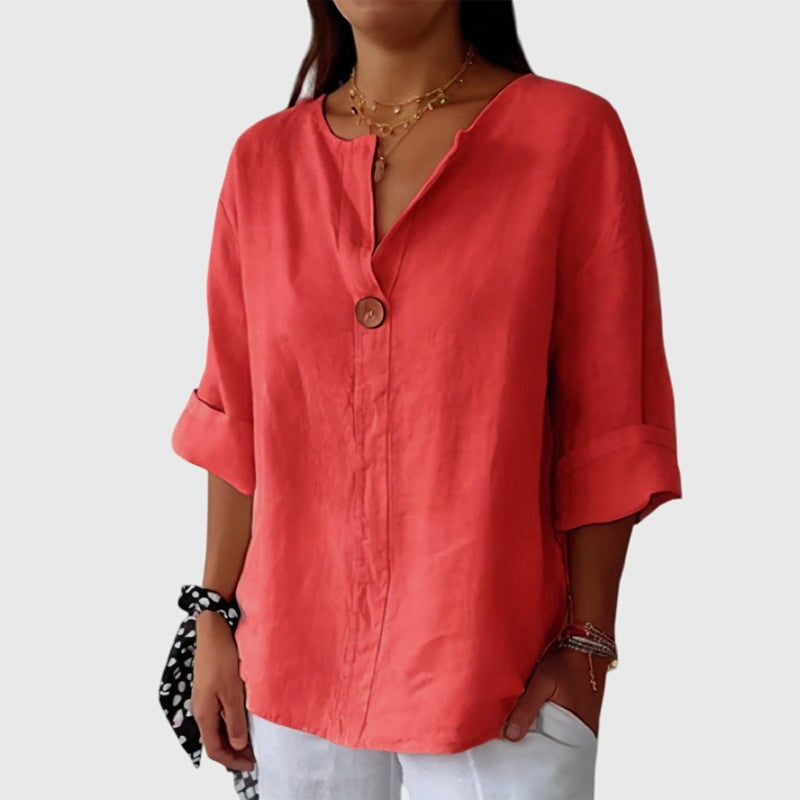 Blusa de Lino con Botón y Escote V