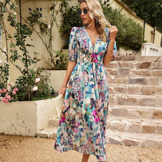 Vestido Midi de Verano con Estampado Floral Mujer Escote V