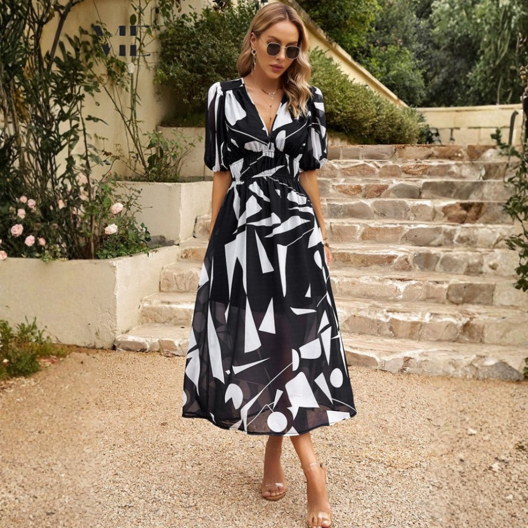 Vestido Midi de Verano con Estampado Floral Mujer Escote V