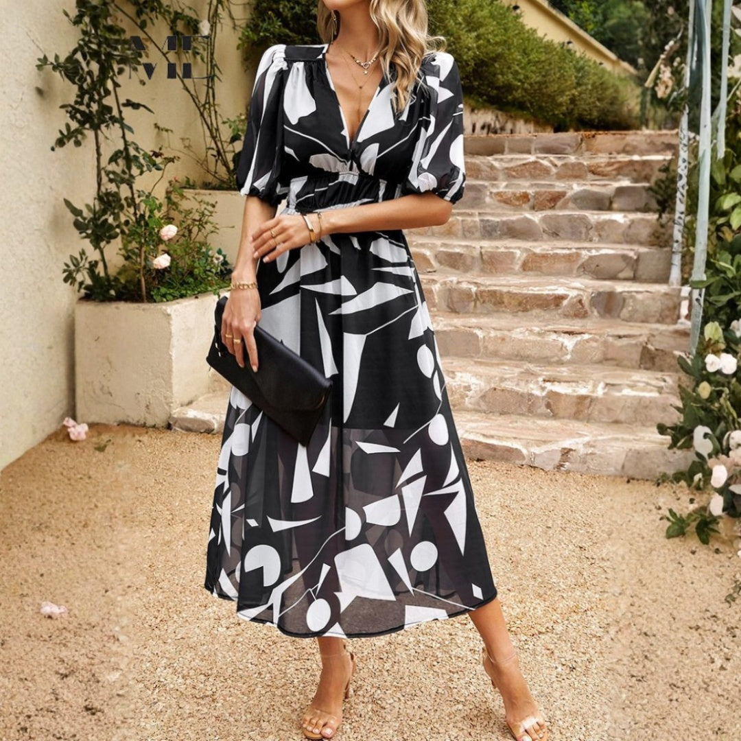 Vestido Midi de Verano con Estampado Floral Mujer Escote V