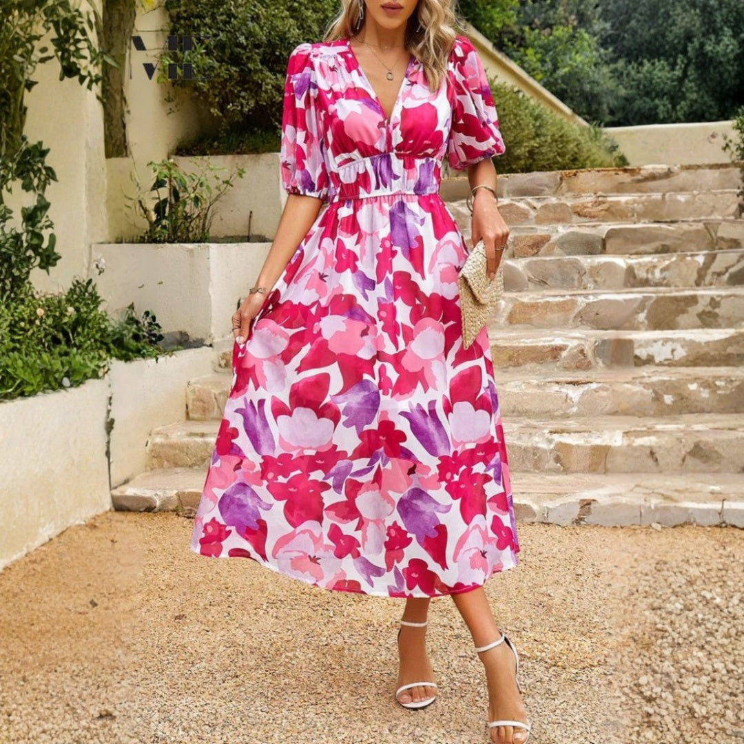 Vestido Midi de Verano con Estampado Floral Mujer Escote V