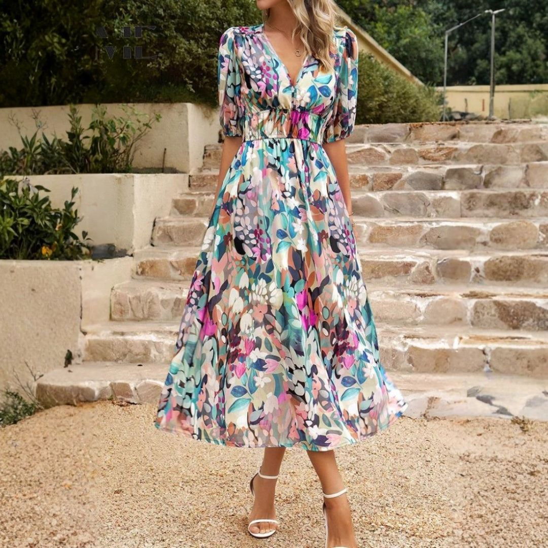 Vestido Midi de Verano con Estampado Floral Mujer Escote V