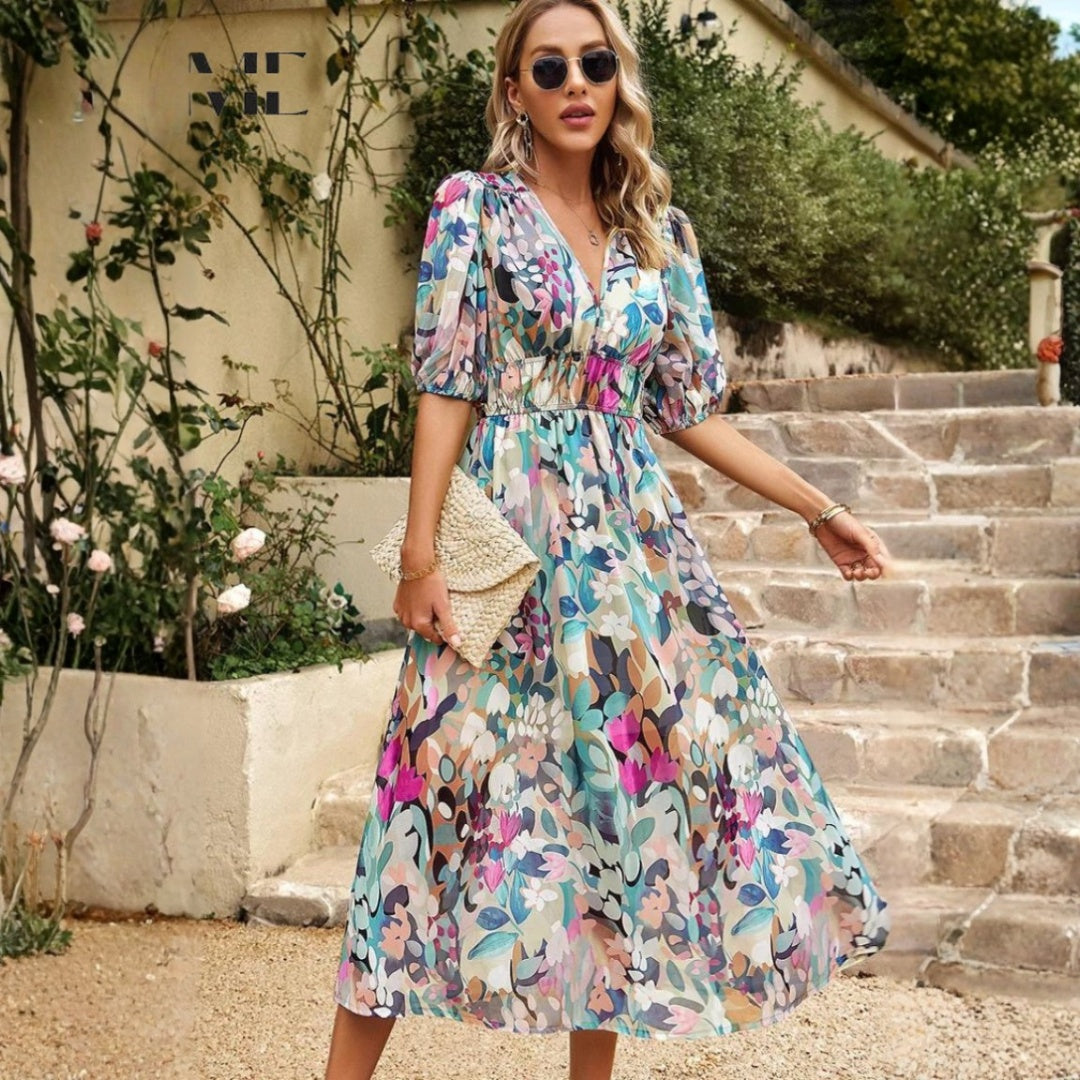 Vestido Midi de Verano con Estampado Floral Mujer Escote V