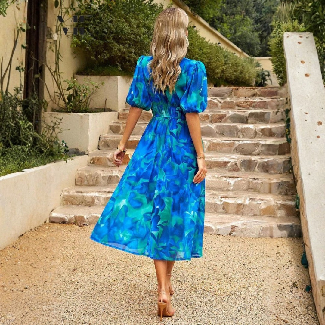 Vestido Midi de Verano con Estampado Floral Mujer Escote V